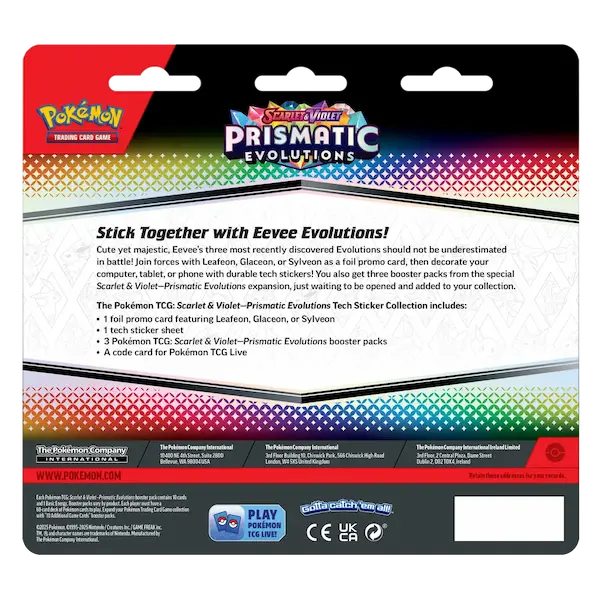 Pokémon Prismatic Evolutions product back featuring Eevee's evolutions and sticker collection details.