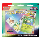 Pokémon Prismatic Evolutions Tech Sticker Collection featuring Leafeon, Eevee, and three booster packs.