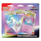 Pokémon Prismatic Evolutions Tech Sticker Collection featuring Sylveon and booster packs for exciting gameplay!