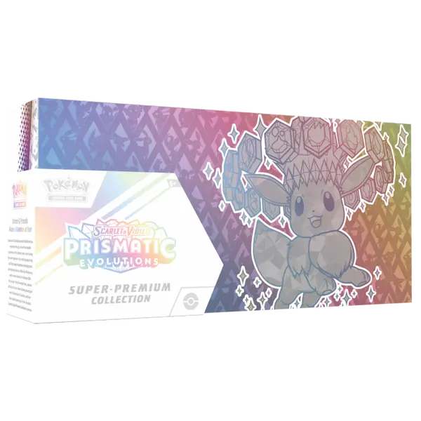 Prismatic Evolutions Super Premium Collection box featuring Eevee and colorful designs, perfect for Pokémon fans.