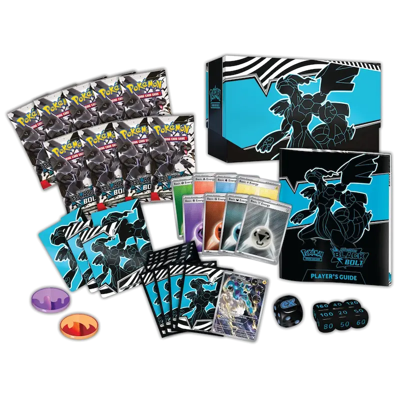 Black Bolt Elite Trainer Box featuring 9 Pokémon booster packs, player's guide, and game accessories for Scarlet & Violet.