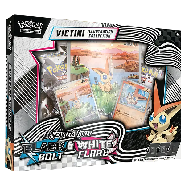 Pokémon Black Bolt & White Flare Victini Illustration Collection box with booster packs and rare cards.
