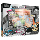 Pokémon Black Bolt & White Flare Victini Illustration Collection box with booster packs and rare cards.