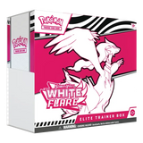 Pokémon White Flare Elite Trainer Box showcasing Scarlet & Violet design with graphic art and booster pack details.