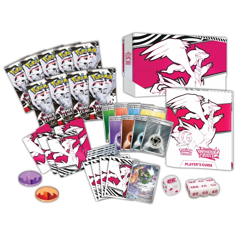White Flare Elite Trainer Box with booster packs, player's guide, and Pokémon TCG cards, featuring Scarlet & Violet set.