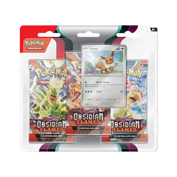 Pokémon SV03 Obsidian Flames 3-Pack with Eevee card and blister packaging for trading card game.