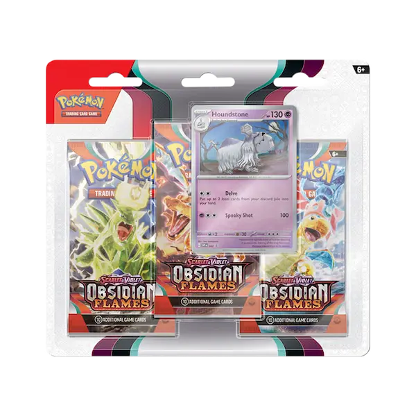 Pokémon SV03 Obsidian Flames 3-Pack Blister featuring Houndstone with TCG cards in vibrant packaging.