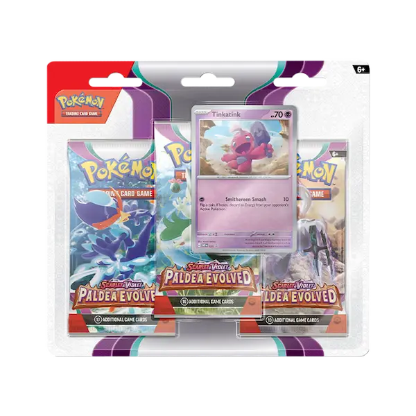 Pokémon SV02 Paldea Evolved 3-Pack Blister featuring Tinkaton and booster packs from the Scarlet & Violet expansion.