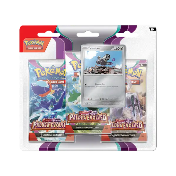 Pokémon SV02 Paldea Evolved 3-Pack Blister featuring Varoom and three booster packs.