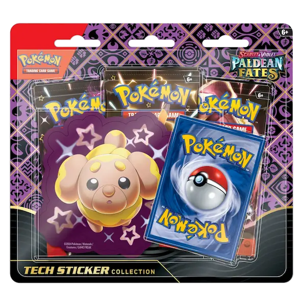 Paldean Fates Tech Sticker Collection featuring Pokémon cards and shiny characters for collectors.