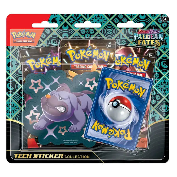Pokémon SV04.5 Paldean Fates Tech Sticker Collection featuring trading cards and a sticker of a Pokémon.