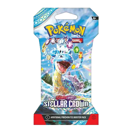 Pokémon SV07 Stellar Crown sleeved booster pack featuring vibrant artwork and 10 collectible cards.
