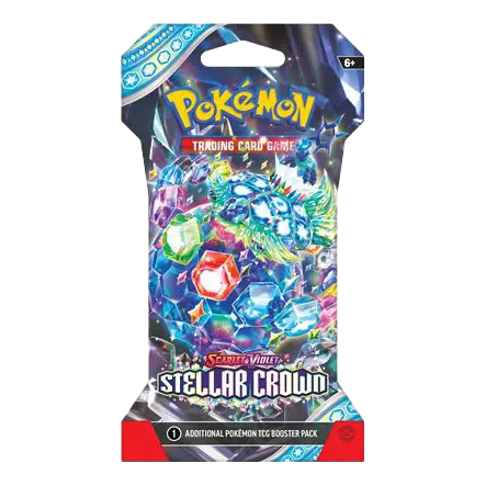 Stellar Crown sleeved booster pack featuring vibrant Pokémon cards from the SV07 set, perfect for collectors and players.