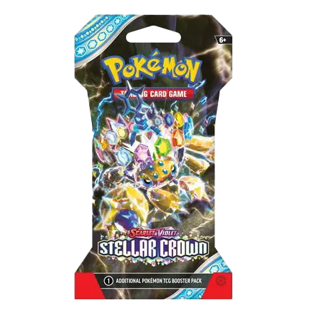 Pokémon Stellar Crown sleeved booster pack featuring colorful gems and sparkles from the SV07 set.