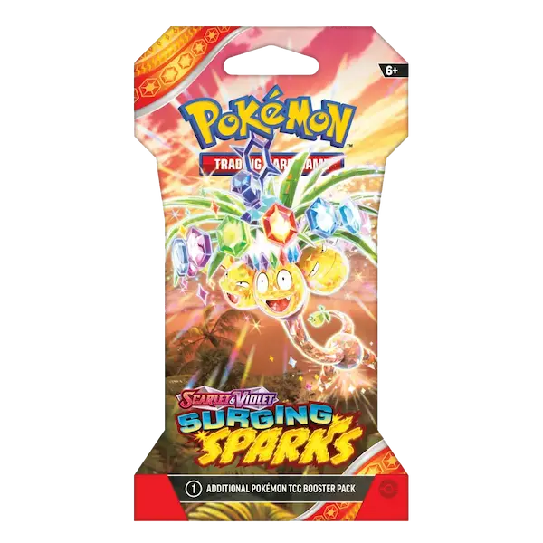 Surging Sparks Sleeved Booster Pack featuring vibrant Pokémon art and crystals, part of the Scarlet & Violet series.