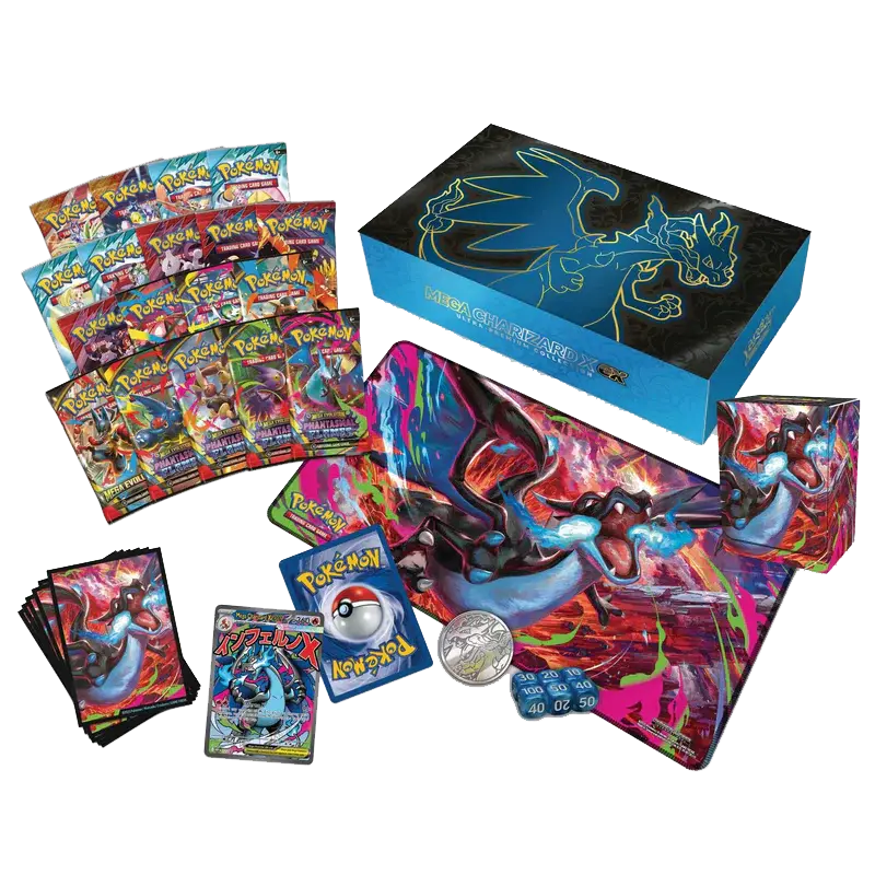 Mega Charizard Ultra Premium Collection featuring promo cards, sleeves, and booster packs.