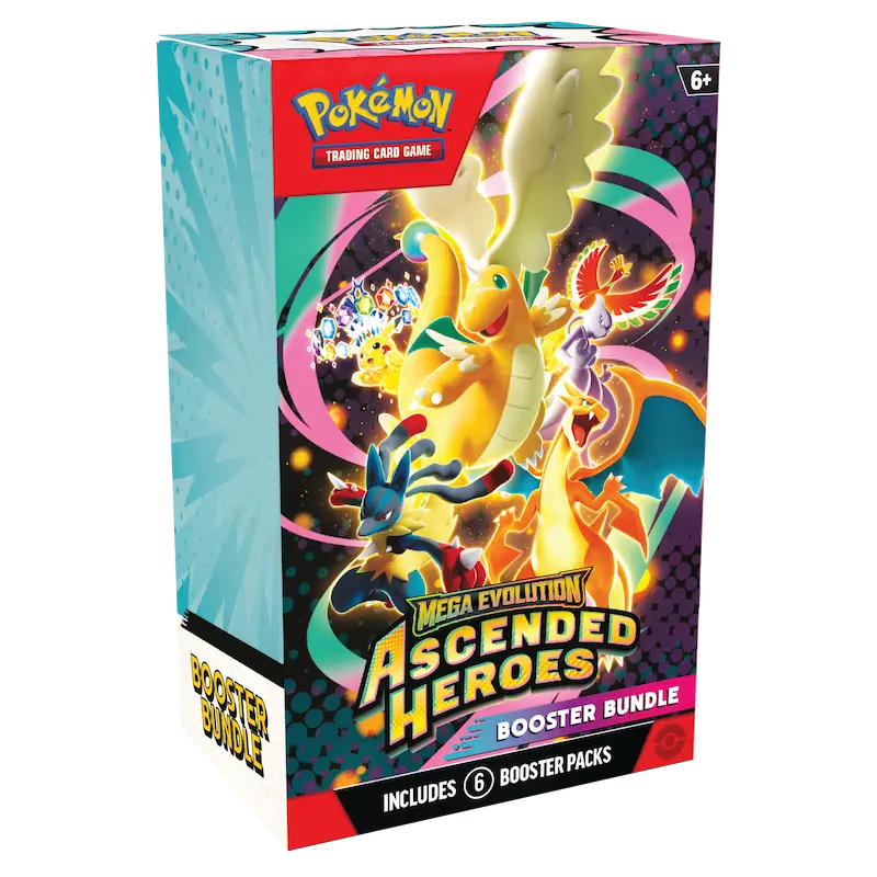 Ascended Heroes Booster Bundle featuring 6 booster packs from the Pokémon Trading Card Game Mega Evolution era.