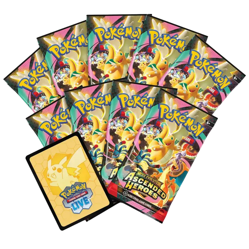 Ascended Heroes Elite Trainer Box featuring 9 booster packs and a full-art promo card from the Pokémon Trading Card Game.