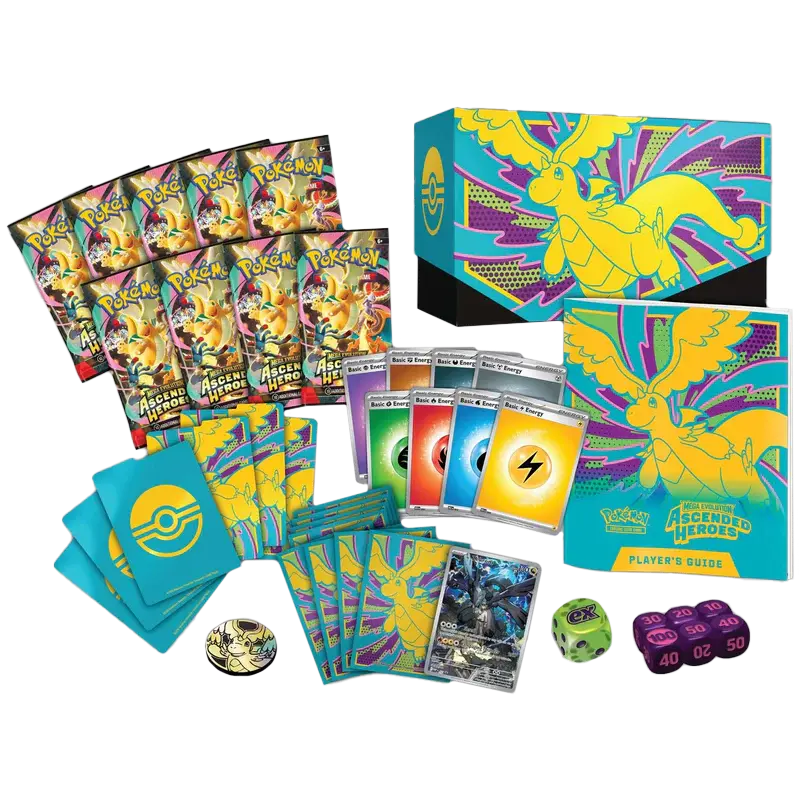 Ascended Heroes Elite Trainer Box featuring booster packs, promo cards, and player guide for the Pokémon TCG.