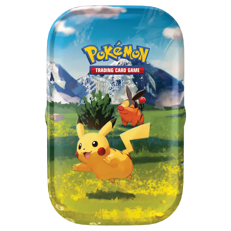 Ascended Heroes Mini Tins featuring Pokémon artwork with Pikachu and a scenic background.
