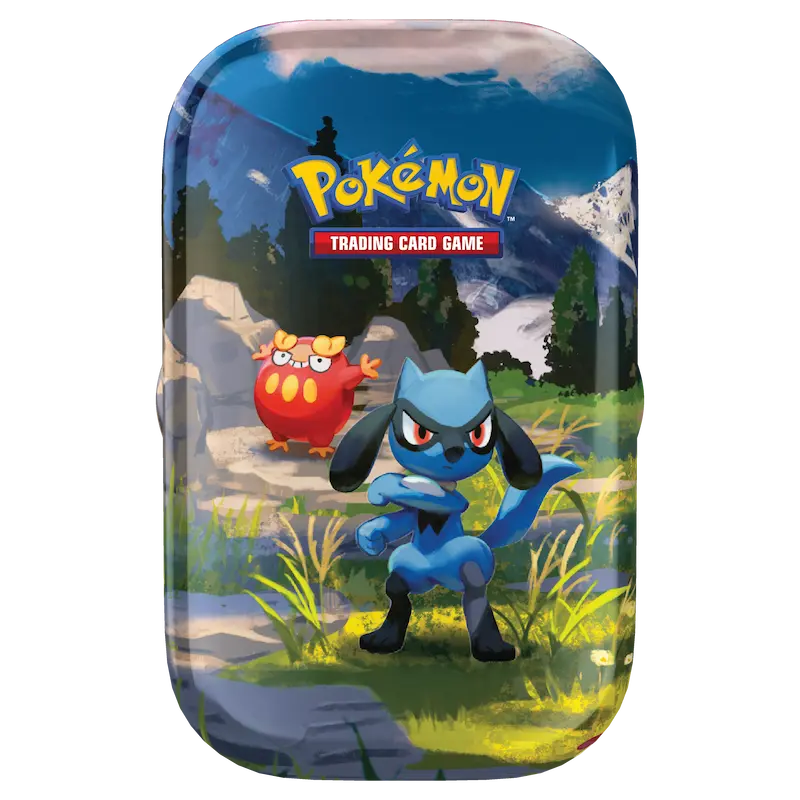 Ascended Heroes Mini Tins featuring Pokémon characters Lucario and a whimsical creature with a scenic background.