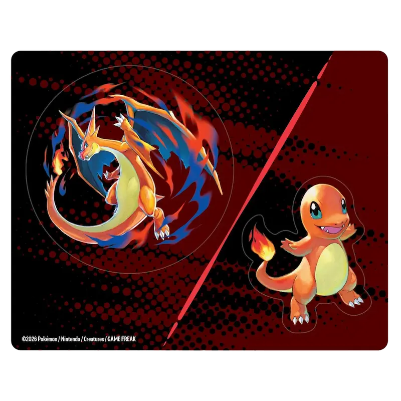 Ascended Heroes Tech Sticker Collection featuring Charizard and Charmander artwork on a vibrant red background.