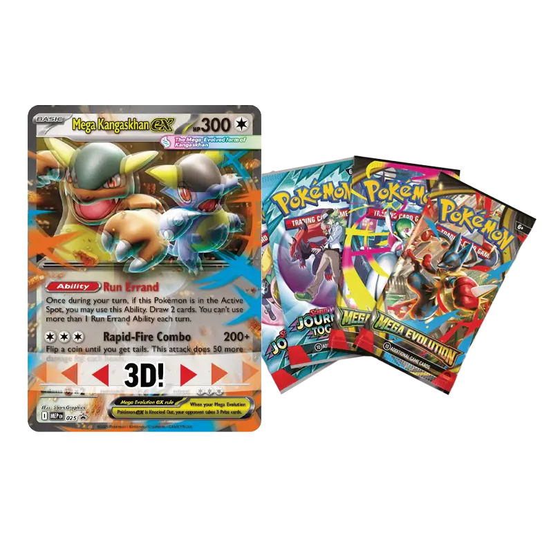 Mega Kangaskhan EX Box featuring Mega Kangaskhan EX promo card and Pokémon TCG booster packs.