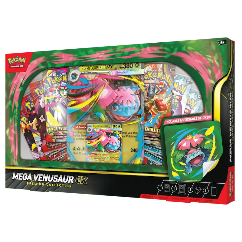 Mega Venusaur ex Premium Collection featuring booster packs and a reusable sticker in colorful packaging.