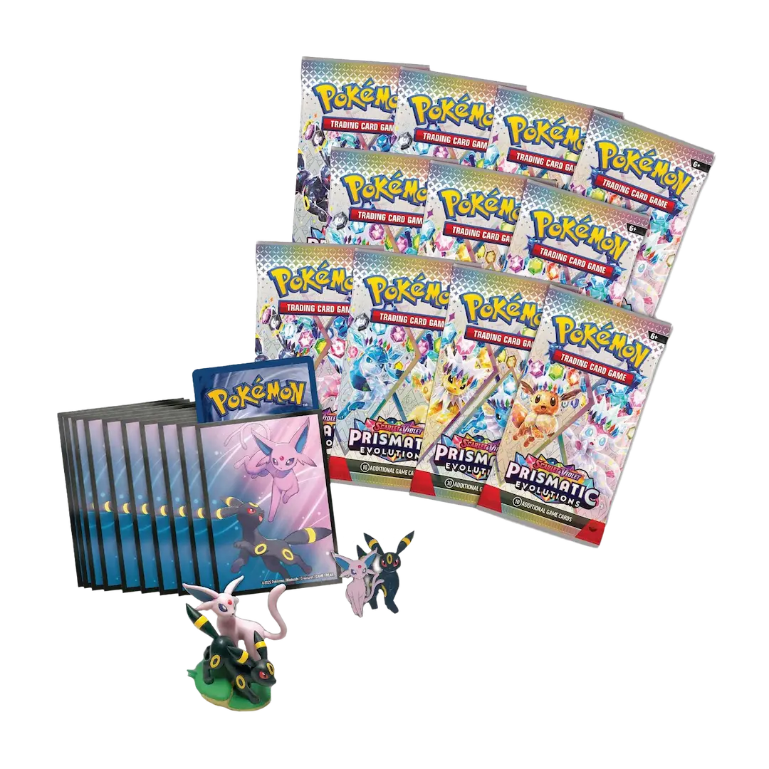Prismatic Evolutions Figure Collection featuring booster packs, an Umbreon Promo card, Espeon Promo card, and collectible figure.
