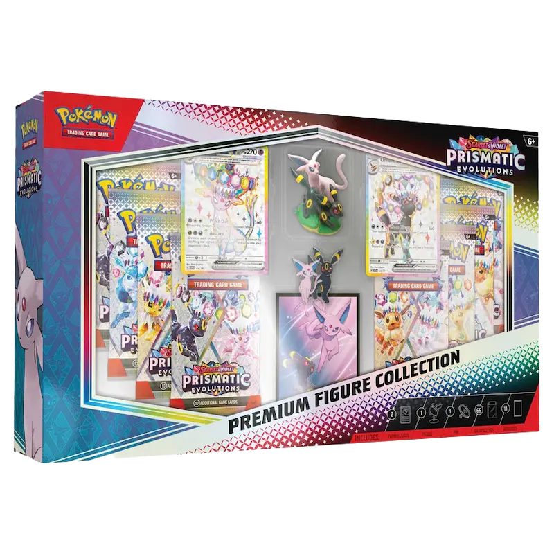 Prismatic Evolutions Figure Collection featuring booster packs, promo cards, and figures of Espeon and Umbreon.