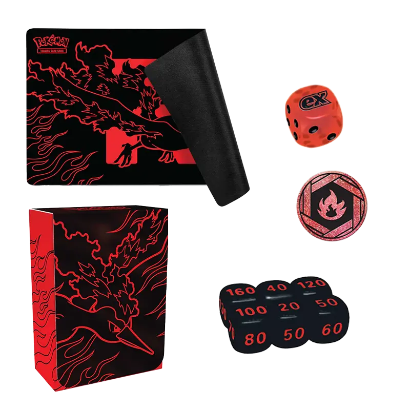 Moltres ex Ultra Premium Collection accessories including deck box, dice, counters, and playmat.
