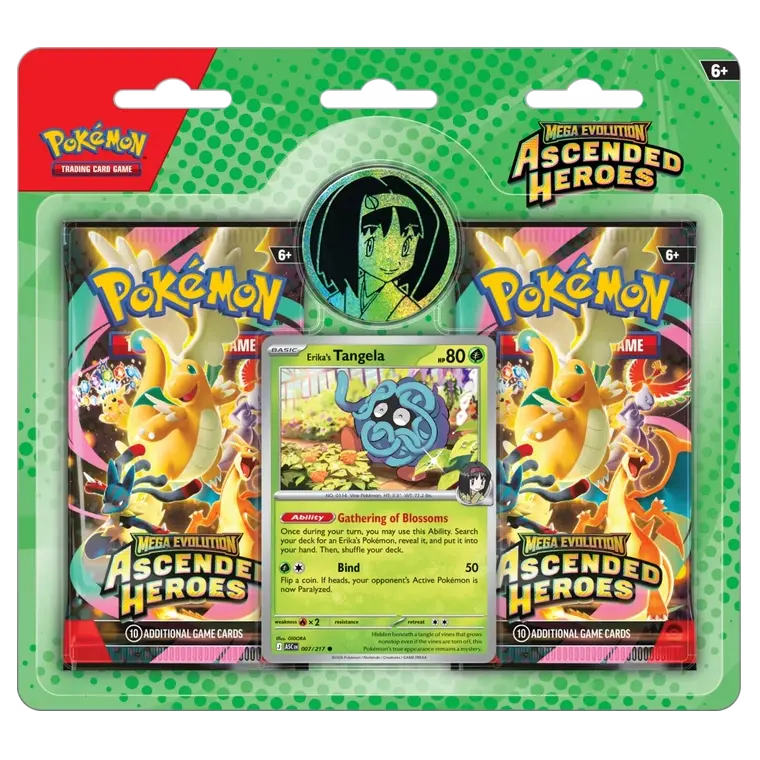 Ascended Heroes 2-Pack Blister featuring Tangela card and Mega Evolution Booster Packs.
