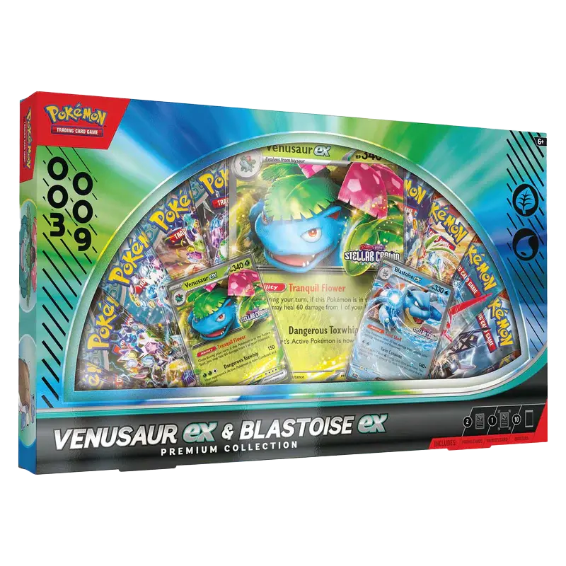 Venusaur Blastoise ex Premium Collection featuring Pokémon TCG booster packs and artwork from Scarlet & Violet series.
