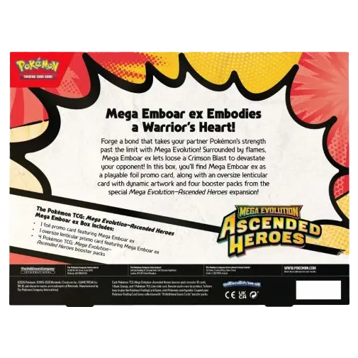 Mega Emboar ex Collection Box back with description and details about Mega Evolution and booster packs.