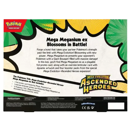 Mega Meganium ex Collection Box featuring Mega Meganium ex and Ascended Heroes expansion details.
