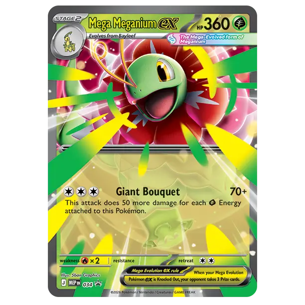 Mega Meganium ex Collection Box featuring the Mega Meganium ex card with Giant Bouquet attack and details.