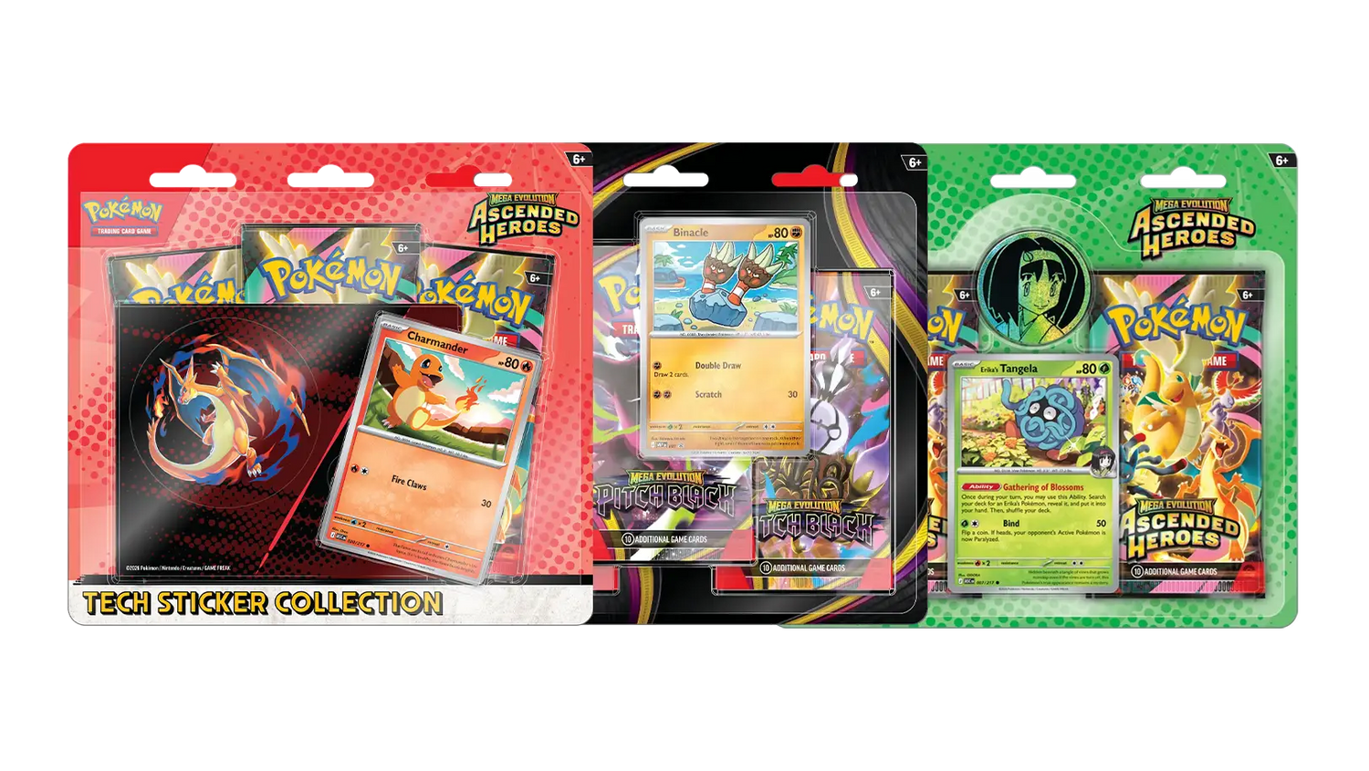 Pokemon Tech Sticker Collection featuring Charizard and various cards from Ascended Heroes set.