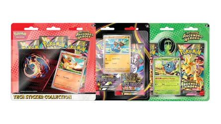 Colorful Pokémon trading card sticker collection featuring popular characters and vibrant packaging.