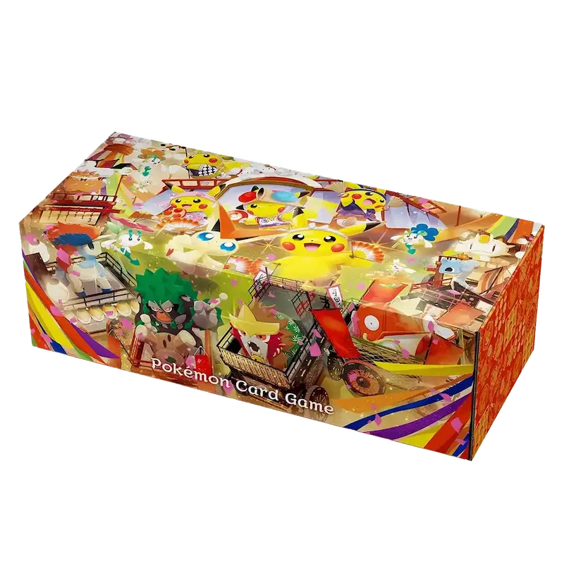 Colorful Pokemon trading card game box featuring Pikachu and various characters against a vibrant backdrop.