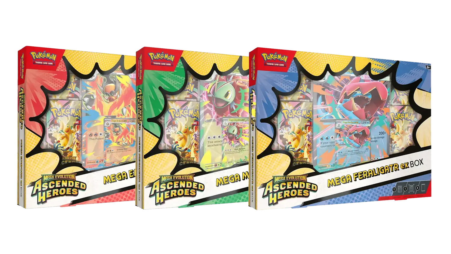 Pokémon Ascended Heroes Mega Ferali-Gator Box set med tre färgglada boosterpaket.