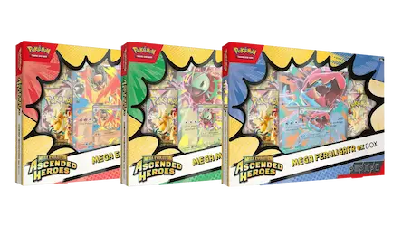 Pokemon Ascended Heroes Mega Feraligatr boxes showcasing collectible cards and vibrant artwork.