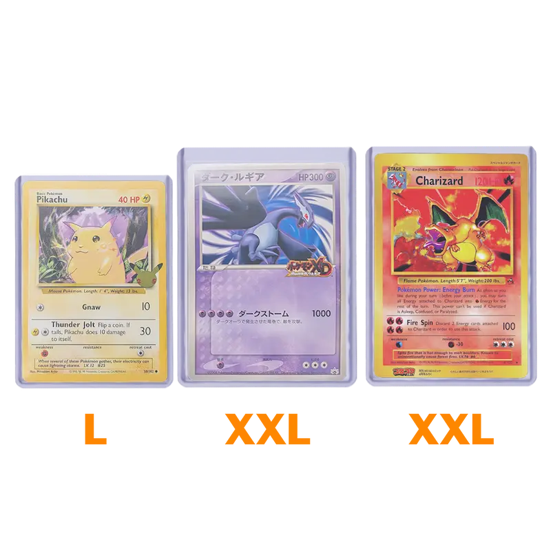 Image showing XL Oversized Toploaders protecting Pikachu, Lugia and Charizard Jumbo cards.