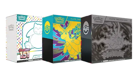 Three Pokémon Elite Trainer Boxes featuring Snorlax, Dragonite, and Mega Evolution designs.