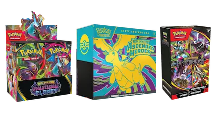 Colorful Pokémon trading card boxes, including Elite Trainer Boxes and booster packs featuring vibrant artwork.