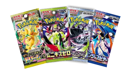Collection of Pokémon card packs featuring Mega Evolutions with vibrant artwork and characters.