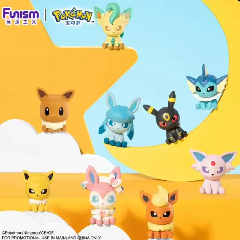 Eeveelution Mini Figure Blind Box showcasing random Pokémon figures of Eevee evolutions in colorful display.