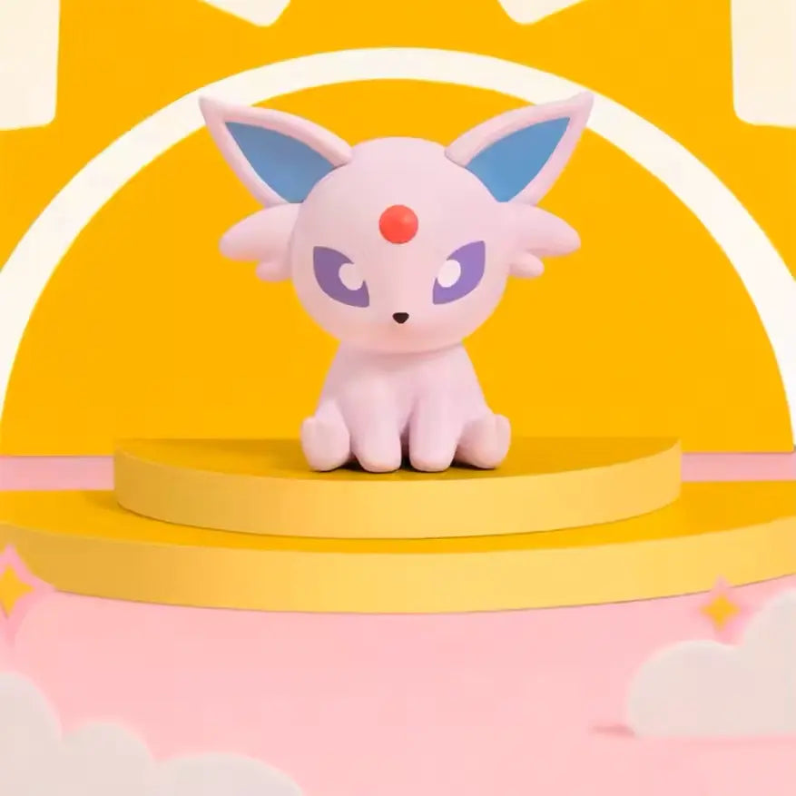 Eeveelution Mini Figure Blind Box featuring a cute pink Eevee evolution figure displayed on a colorful platform.