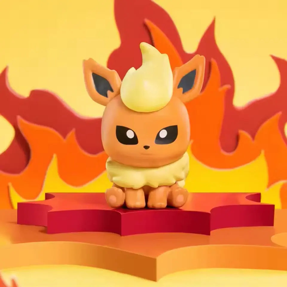 Eeveelution Mini Figure Blind Box featuring a Flame Pokémon figurine in a vibrant background.
