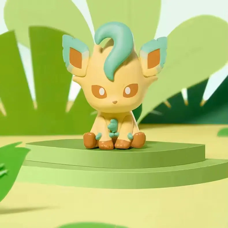 Eeveelution Mini Figure Blind Box random evolution figurine of Leafeon sitting on a green platform in nature.