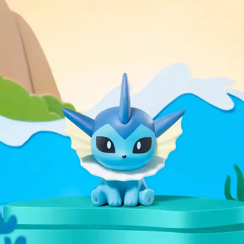 Pokémon Eeveelution Mini Figure Blind Box featuring Vaporeon figurine against a scenic background.